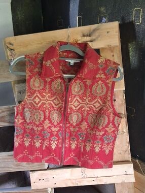CAbi Red Gold Brocade Zip-Front Vest